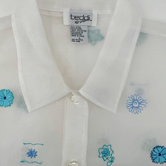 Vintage 80s 90s Sheer & Floral Embroidered Button Up Short Sleeve Blouse - Picture 5 of 6